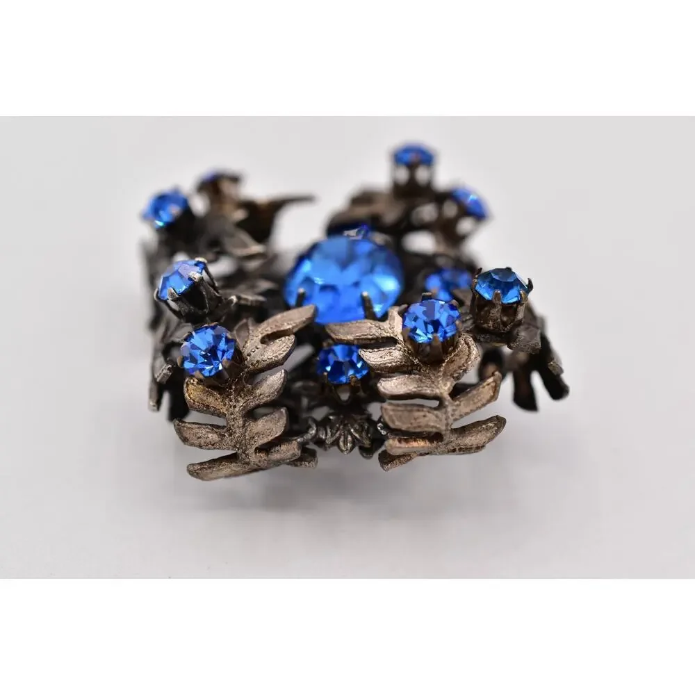 Vintage Austrian Blue Crystal Pin Brooch 3D Flower Gunmetal Tone 1960s BinBI